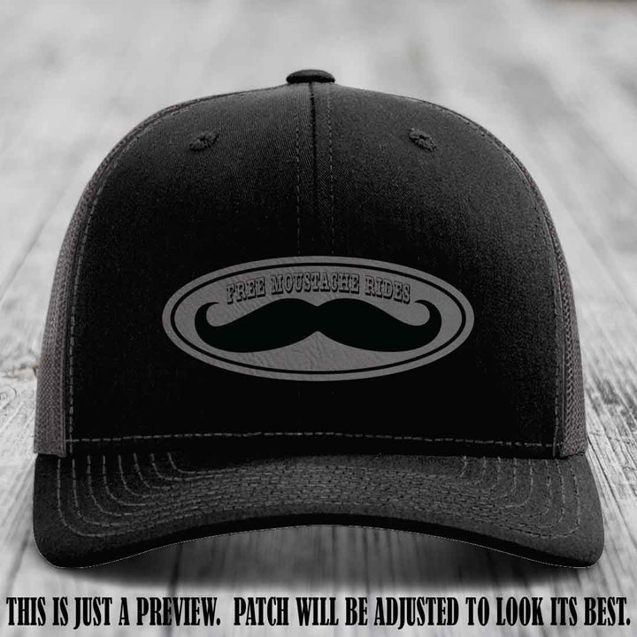 Free Moustache Rides 🥸 Leather Patch Hat | Richardson 112 Custom Trucker Grey to Black Patch on Black to Charcoal Hat