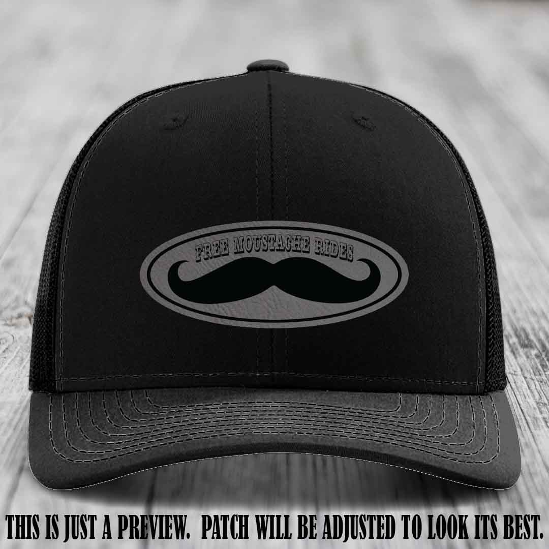 Free Moustache Rides 🥸 Leather Patch Hat | Richardson 112 Custom Trucker Grey to Black Patch on Black Hat