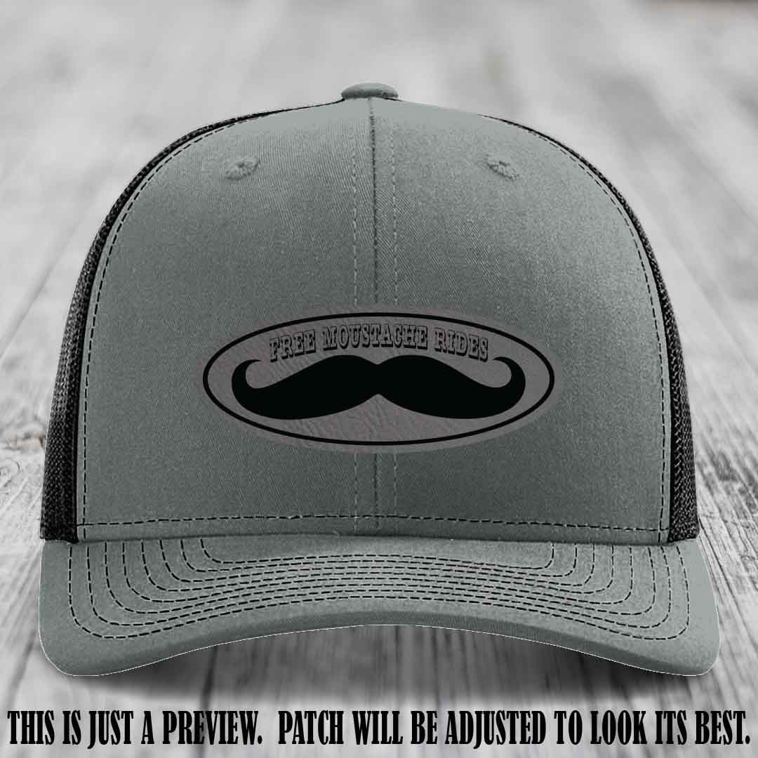 Free Moustache Rides 🥸 Leather Patch Hat | Richardson 112 Custom Trucker Grey to Black Patch on Heather Grey to Black Hat