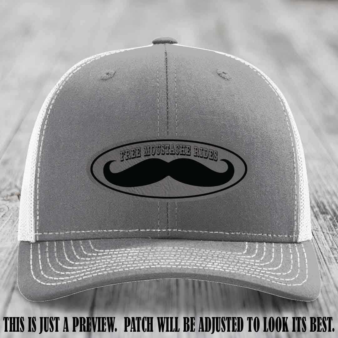 Free Moustache Rides 🥸 Leather Patch Hat | Richardson 112 Custom Trucker Grey to Black Patch on Heather Grey to White Hat