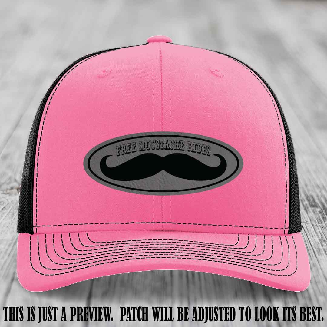 Free Moustache Rides 🥸 Leather Patch Hat | Richardson 112 Custom Trucker Grey to Black Patch on Hot Pink to Black Hat