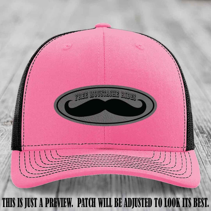 Free Moustache Rides 🥸 Leather Patch Hat | Richardson 112 Custom Trucker Grey to Black Patch on Hot Pink to Black Hat