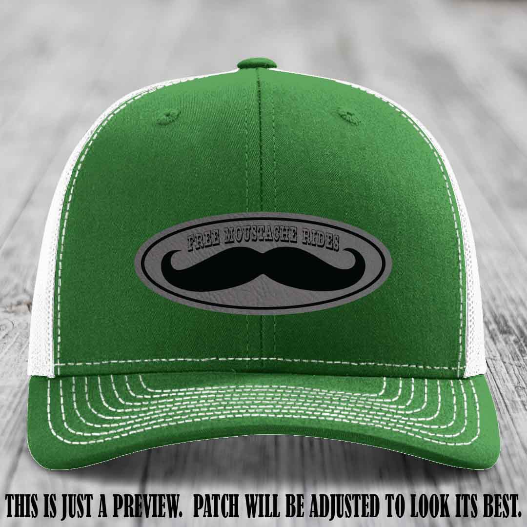 Free Moustache Rides 🥸 Leather Patch Hat | Richardson 112 Custom Trucker Grey to Black Patch on Kelly to White Hat