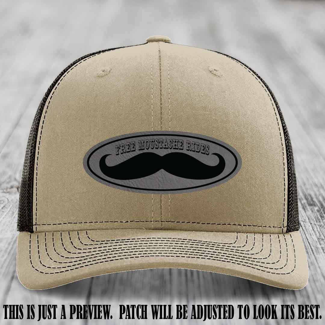Free Moustache Rides 🥸 Leather Patch Hat | Richardson 112 Custom Trucker Grey to Black Patch on Khaki to Coffee Hat