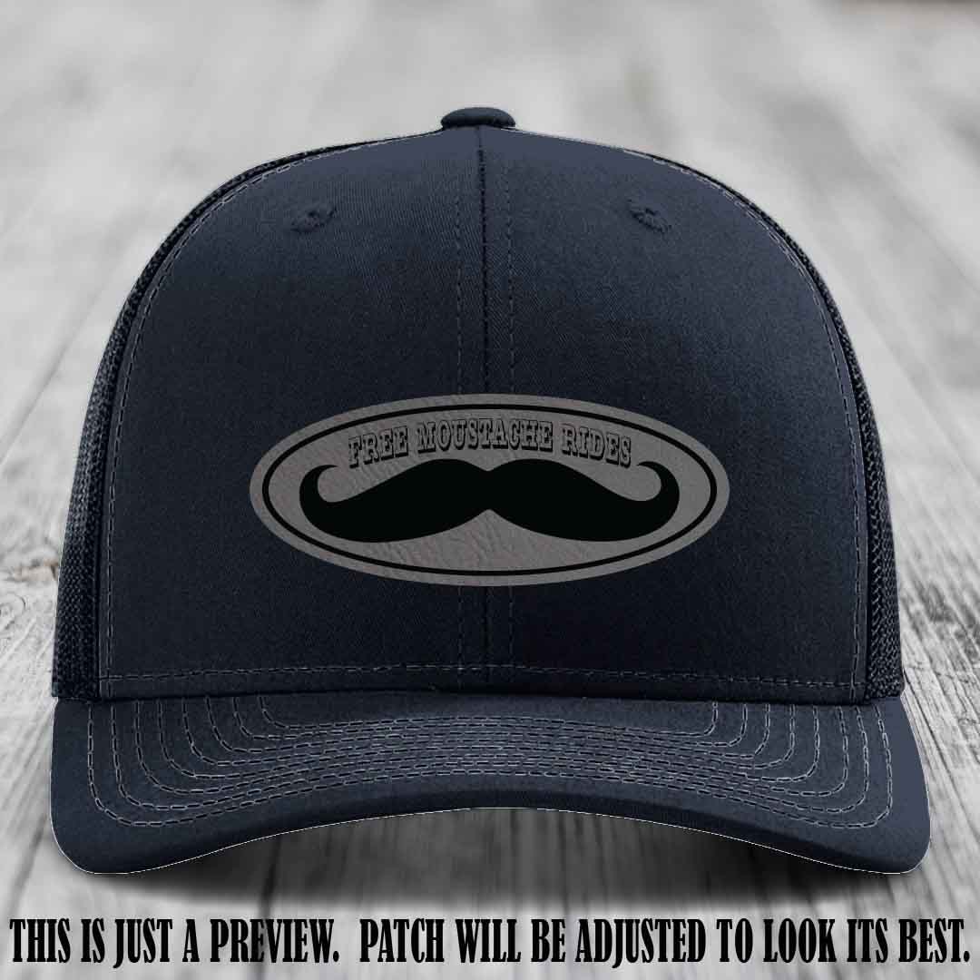Free Moustache Rides 🥸 Leather Patch Hat | Richardson 112 Custom Trucker Grey to Black Patch on Navy Hat