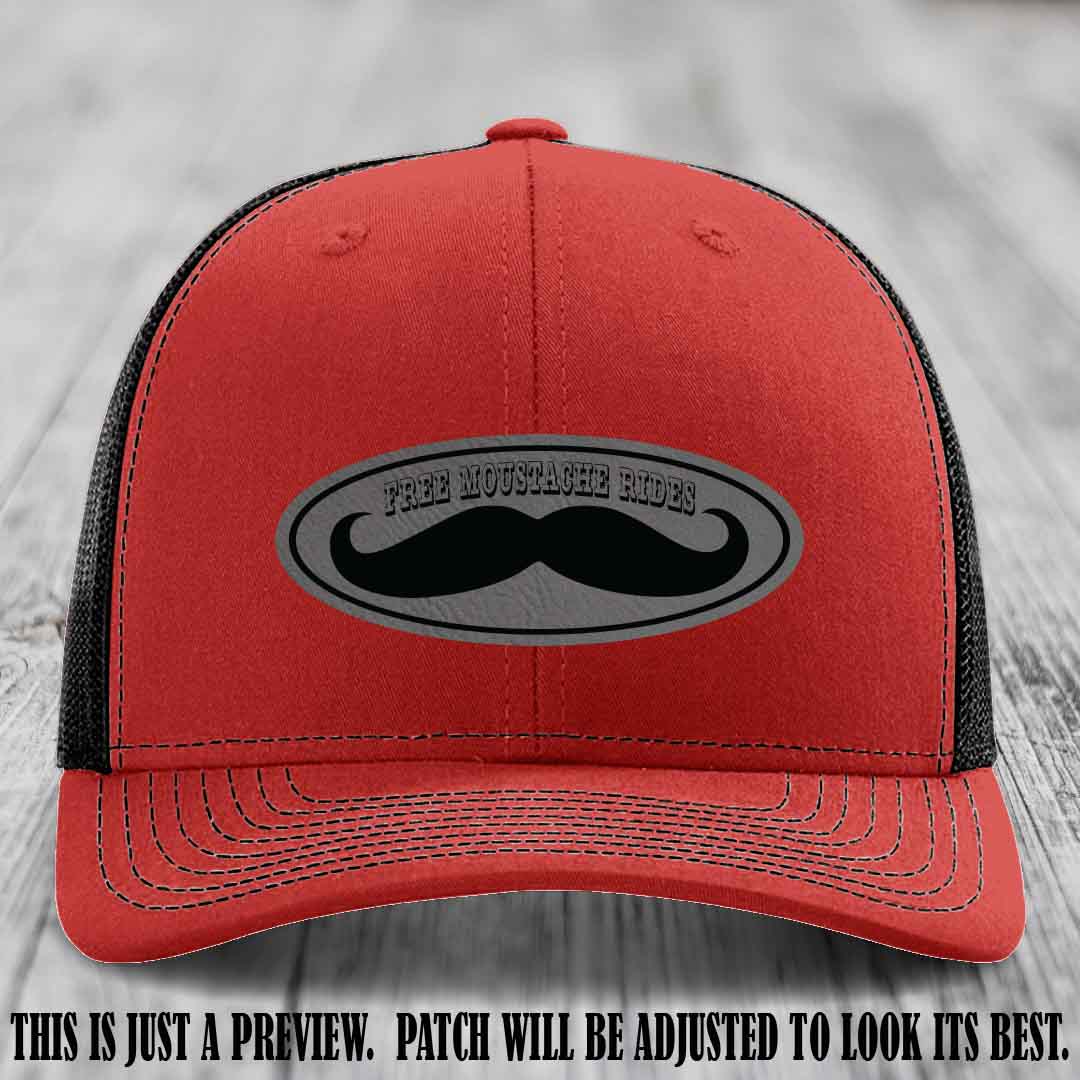 Free Moustache Rides 🥸 Leather Patch Hat | Richardson 112 Custom Trucker Grey to Black Patch on Red to Black Hat