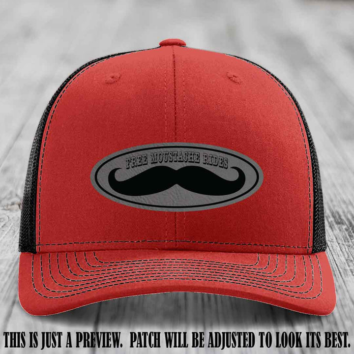 Free Moustache Rides 🥸 Leather Patch Hat | Richardson 112 Custom Trucker Grey to Black Patch on Red to Black Hat