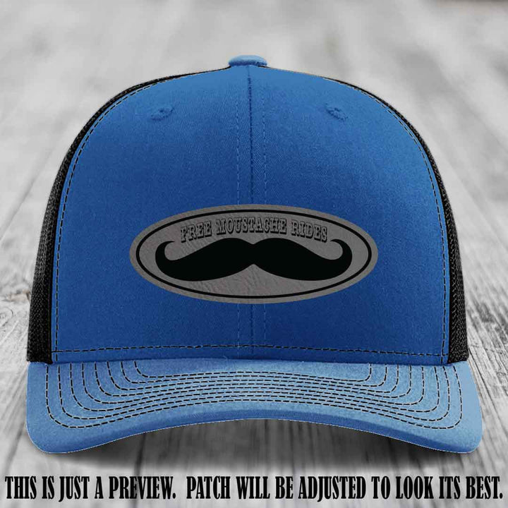 Free Moustache Rides 🥸 Leather Patch Hat | Richardson 112 Custom Trucker Grey to Black Patch on Royal to Black Hat