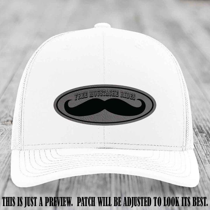 Free Moustache Rides 🥸 Leather Patch Hat | Richardson 112 Custom Trucker Grey to Black Patch on White Hat