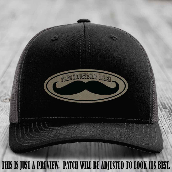 Free Moustache Rides 🥸 Leather Patch Hat | Richardson 112 Custom Trucker Light Brown to Black Patch on Black to Charcoal Hat