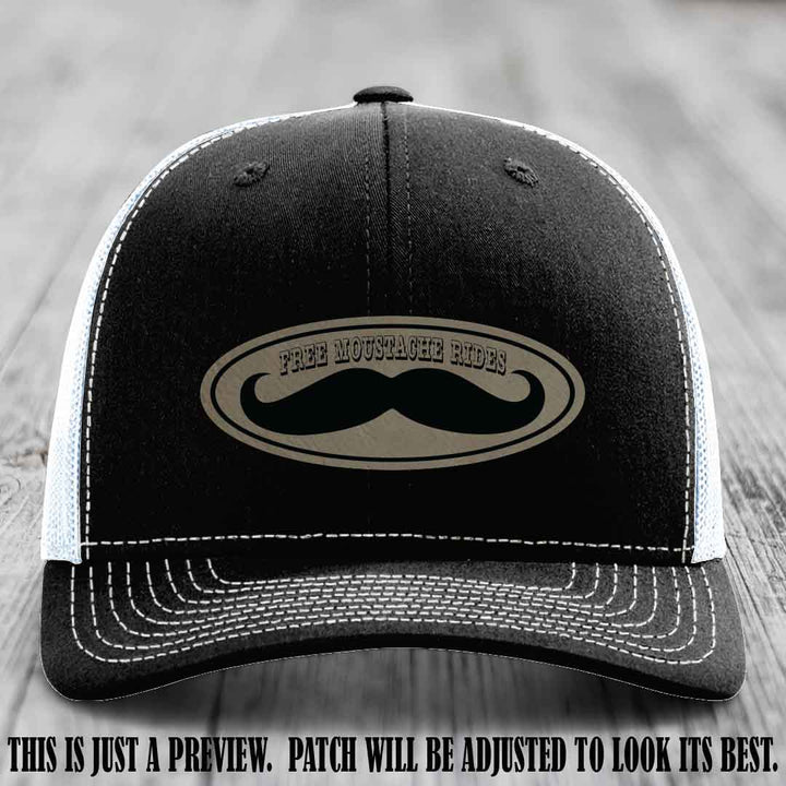 Free Moustache Rides 🥸 Leather Patch Hat | Richardson 112 Custom Trucker Light Brown to Black Patch on Black to White Hat