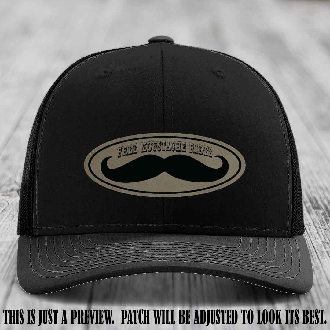 Free Moustache Rides 🥸 Leather Patch Hat | Richardson 112 Custom Trucker Light Brown to Black Patch on Black Hat