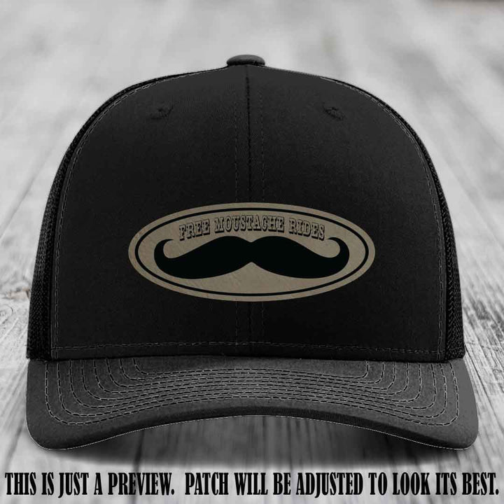 Free Moustache Rides 🥸 Leather Patch Hat | Richardson 112 Custom Trucker Light Brown to Black Patch on Black Hat