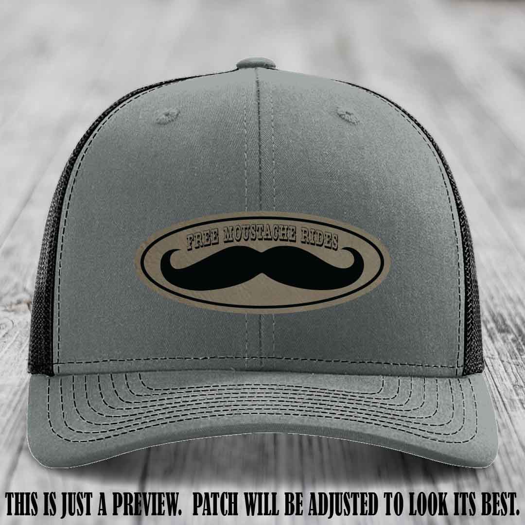 Free Moustache Rides 🥸 Leather Patch Hat | Richardson 112 Custom Trucker Light Brown to Black Patch on Heather Grey to Black Hat