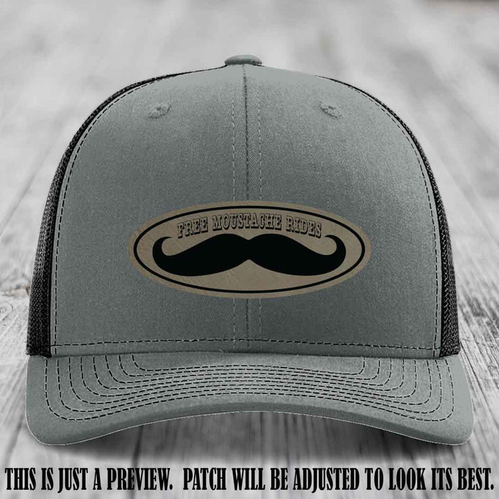 Free Moustache Rides 🥸 Leather Patch Hat | Richardson 112 Custom Trucker Light Brown to Black Patch on Heather Grey to Black Hat