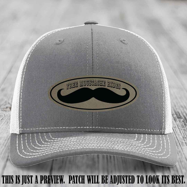 Free Moustache Rides 🥸 Leather Patch Hat | Richardson 112 Custom Trucker Light Brown to Black Patch on Heather Grey to White Hat