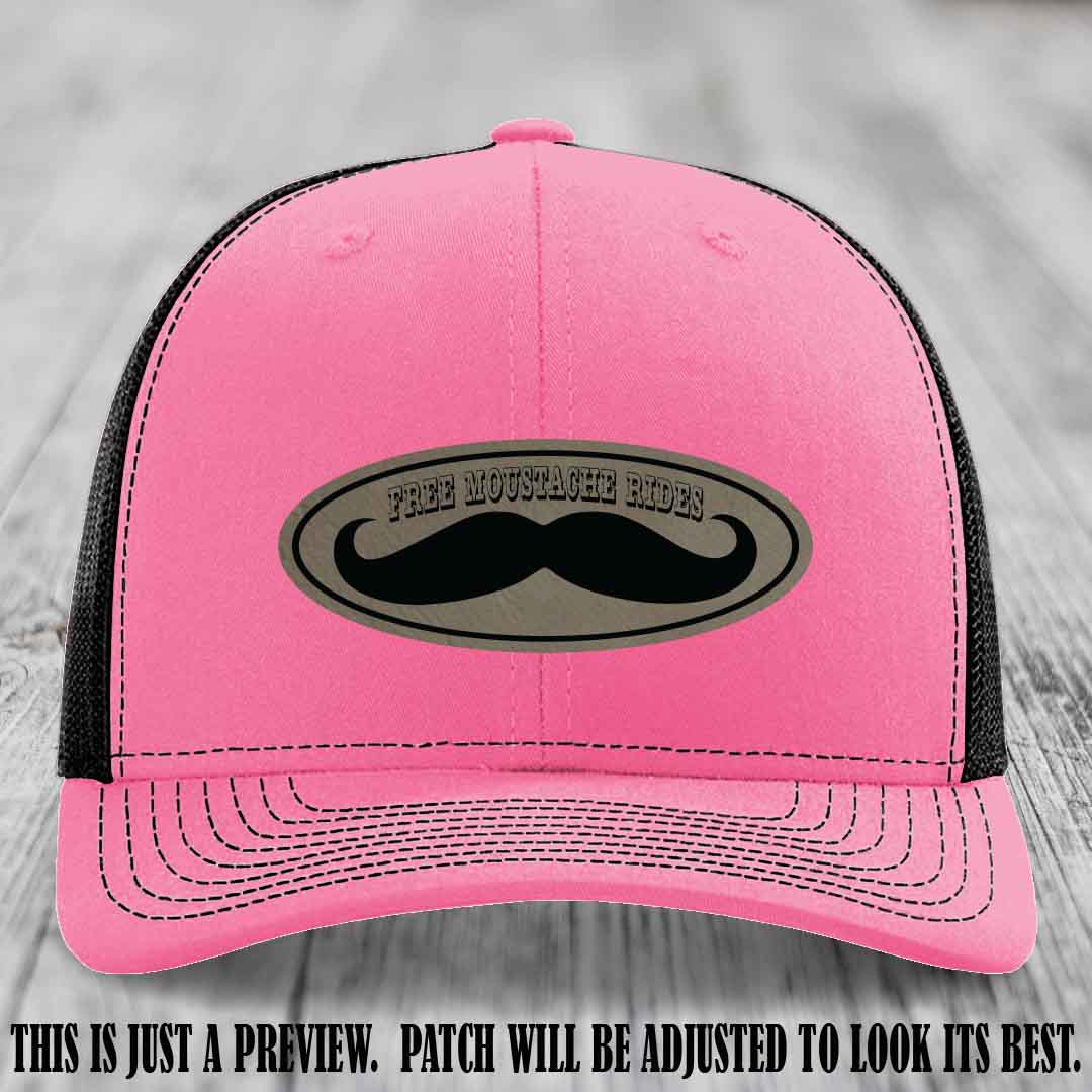 Free Moustache Rides 🥸 Leather Patch Hat | Richardson 112 Custom Trucker Light Brown to Black Patch on Hot Pink to Black Hat