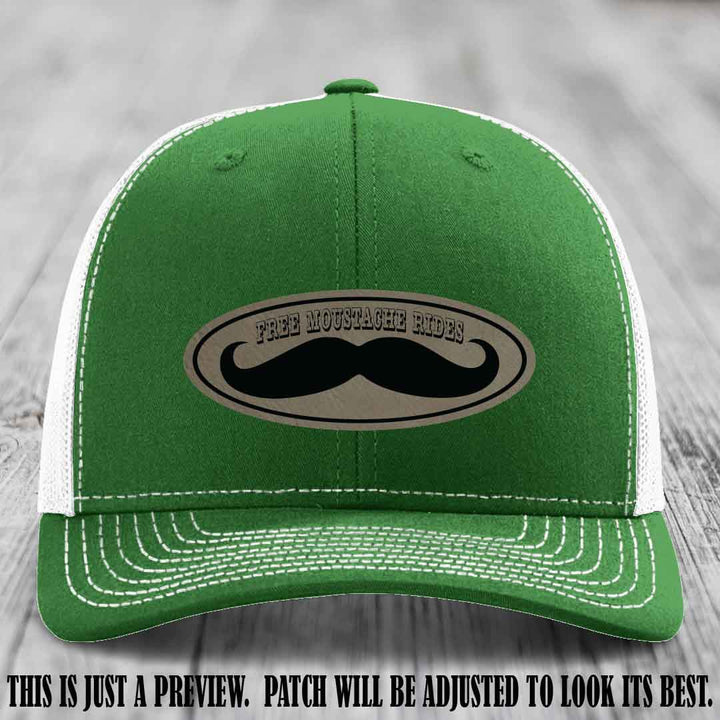Free Moustache Rides 🥸 Leather Patch Hat | Richardson 112 Custom Trucker Light Brown to Black Patch on Kelly to White Hat