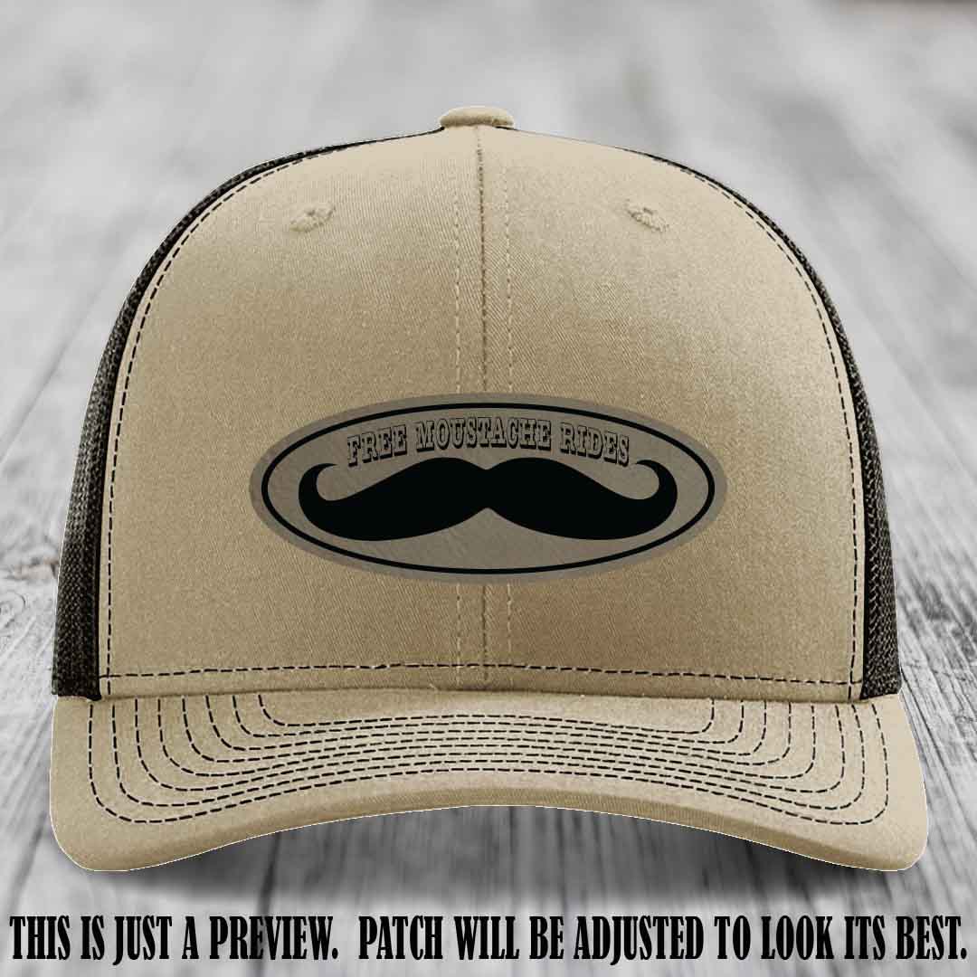 Free Moustache Rides 🥸 Leather Patch Hat | Richardson 112 Custom Trucker Light Brown to Black Patch on Khaki to Coffee Hat