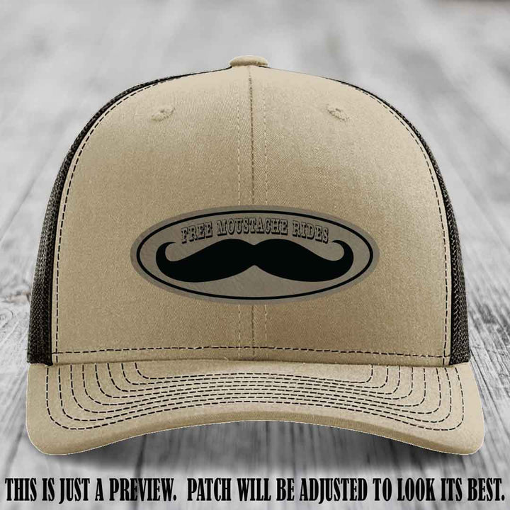 Free Moustache Rides 🥸 Leather Patch Hat | Richardson 112 Custom Trucker Light Brown to Black Patch on Khaki to Coffee Hat