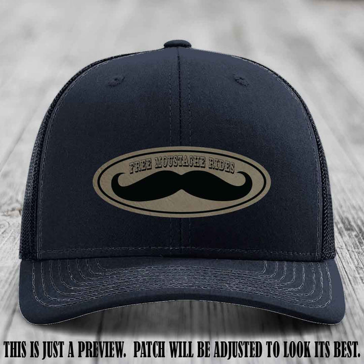 Free Moustache Rides 🥸 Leather Patch Hat | Richardson 112 Custom Trucker Light Brown to Black Patch on Navy Hat