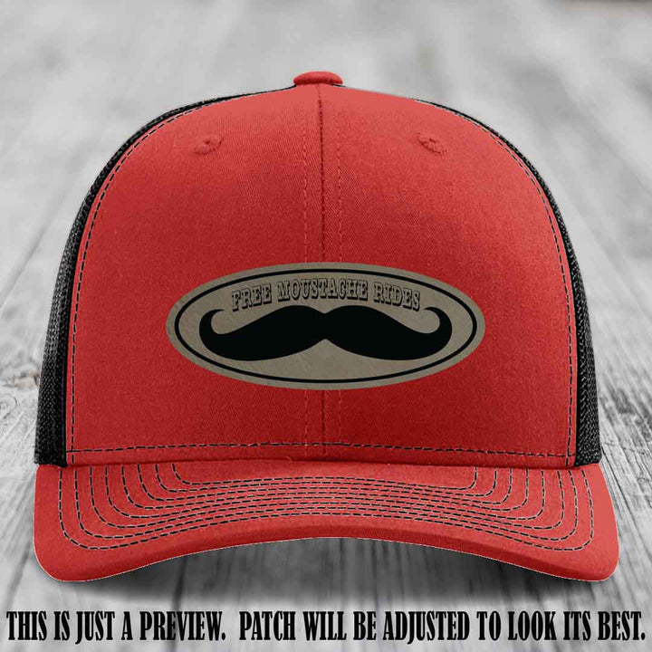 Free Moustache Rides 🥸 Leather Patch Hat | Richardson 112 Custom Trucker Light Brown to Black Patch on Red to Black Hat