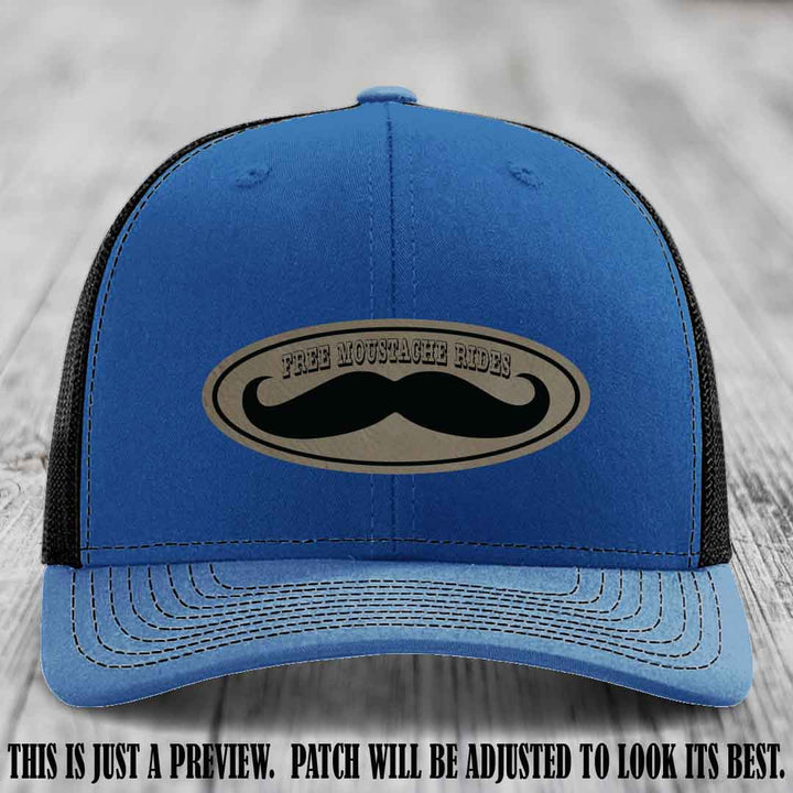 Free Moustache Rides 🥸 Leather Patch Hat | Richardson 112 Custom Trucker Light Brown to Black Patch on Royal to Black Hat