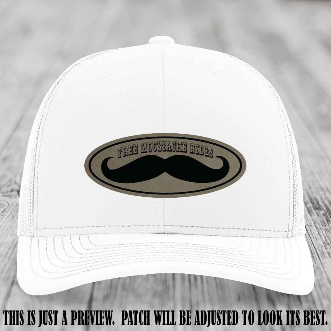 Free Moustache Rides 🥸 Leather Patch Hat | Richardson 112 Custom Trucker Light Brown to Black Patch on White Hat
