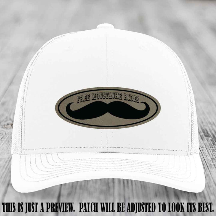 Free Moustache Rides 🥸 Leather Patch Hat | Richardson 112 Custom Trucker Light Brown to Black Patch on White Hat
