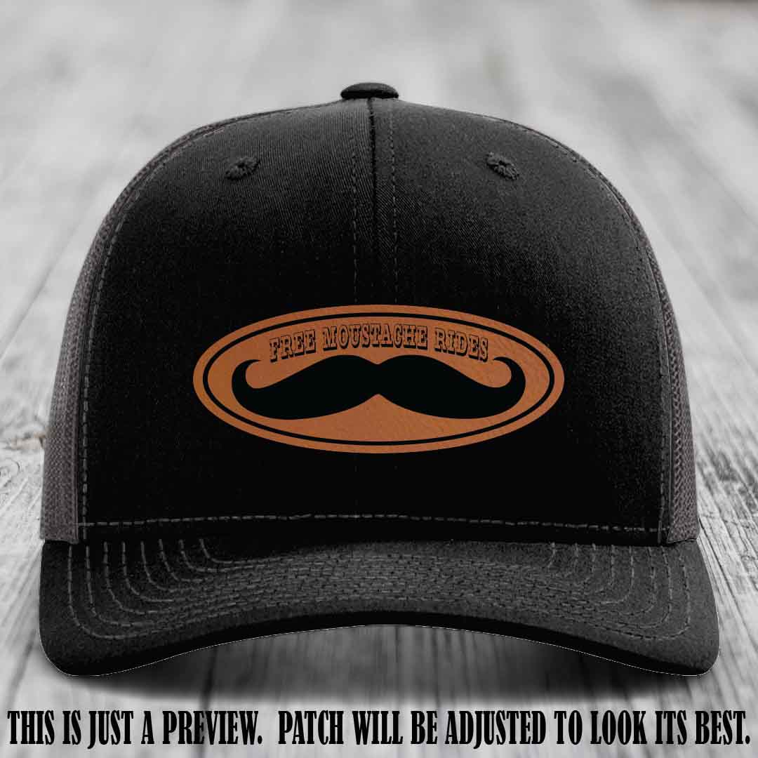 Free Moustache Rides 🥸 Leather Patch Hat | Richardson 112 Custom Trucker Rawhide to Black Patch on Black to Charcoal Hat