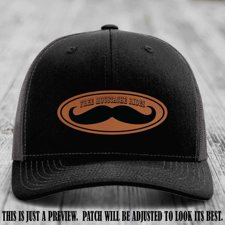 Free Moustache Rides 🥸 Leather Patch Hat | Richardson 112 Custom Trucker Rawhide to Black Patch on Black to Charcoal Hat