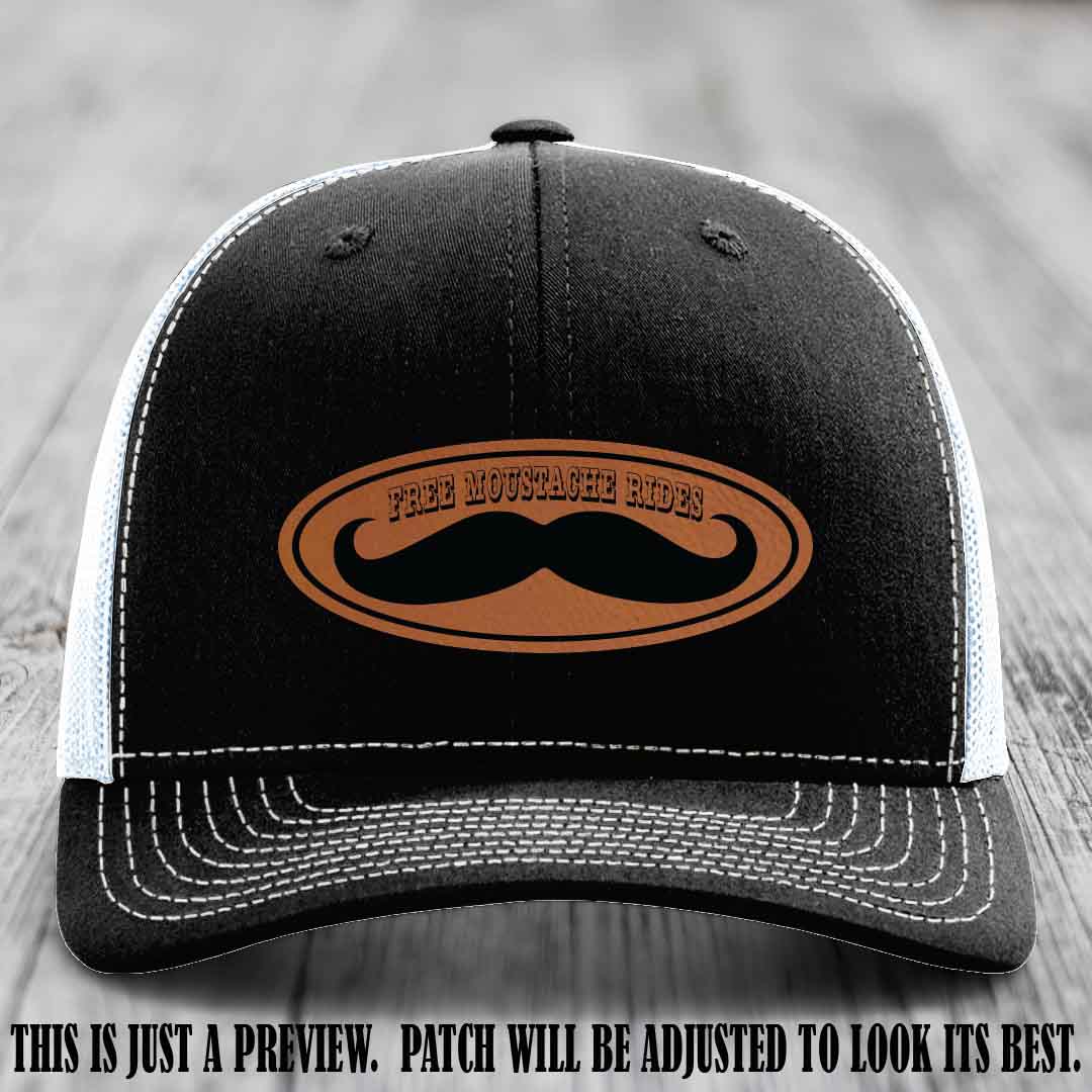 Free Moustache Rides 🥸 Leather Patch Hat | Richardson 112 Custom Trucker Rawhide to Black Patch on Black to White Hat