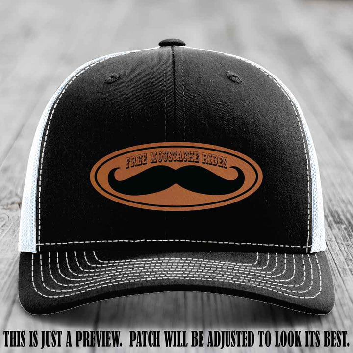 Free Moustache Rides 🥸 Leather Patch Hat | Richardson 112 Custom Trucker Rawhide to Black Patch on Black to White Hat