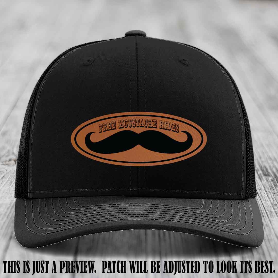 Free Moustache Rides 🥸 Leather Patch Hat | Richardson 112 Custom Trucker Rawhide to Black Patch on Black Hat
