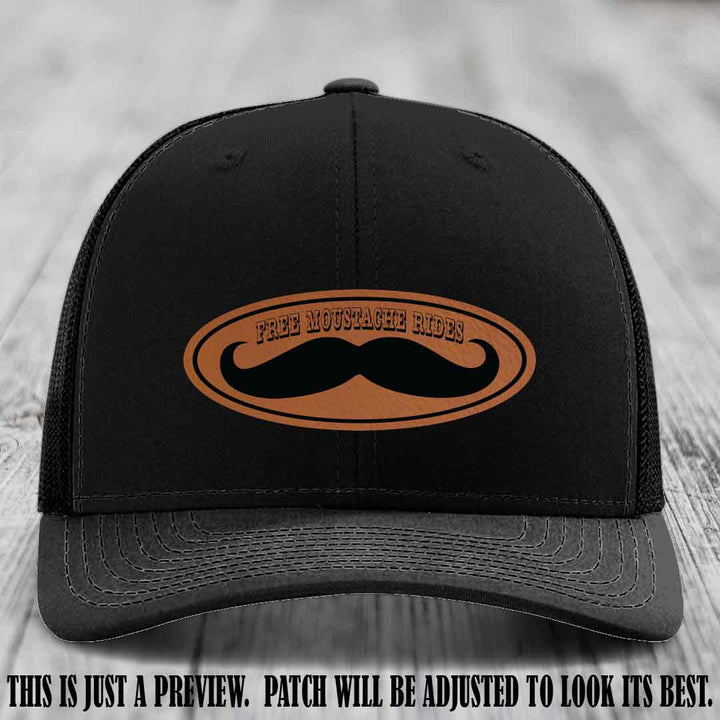 Free Moustache Rides 🥸 Leather Patch Hat | Richardson 112 Custom Trucker Rawhide to Black Patch on Black Hat