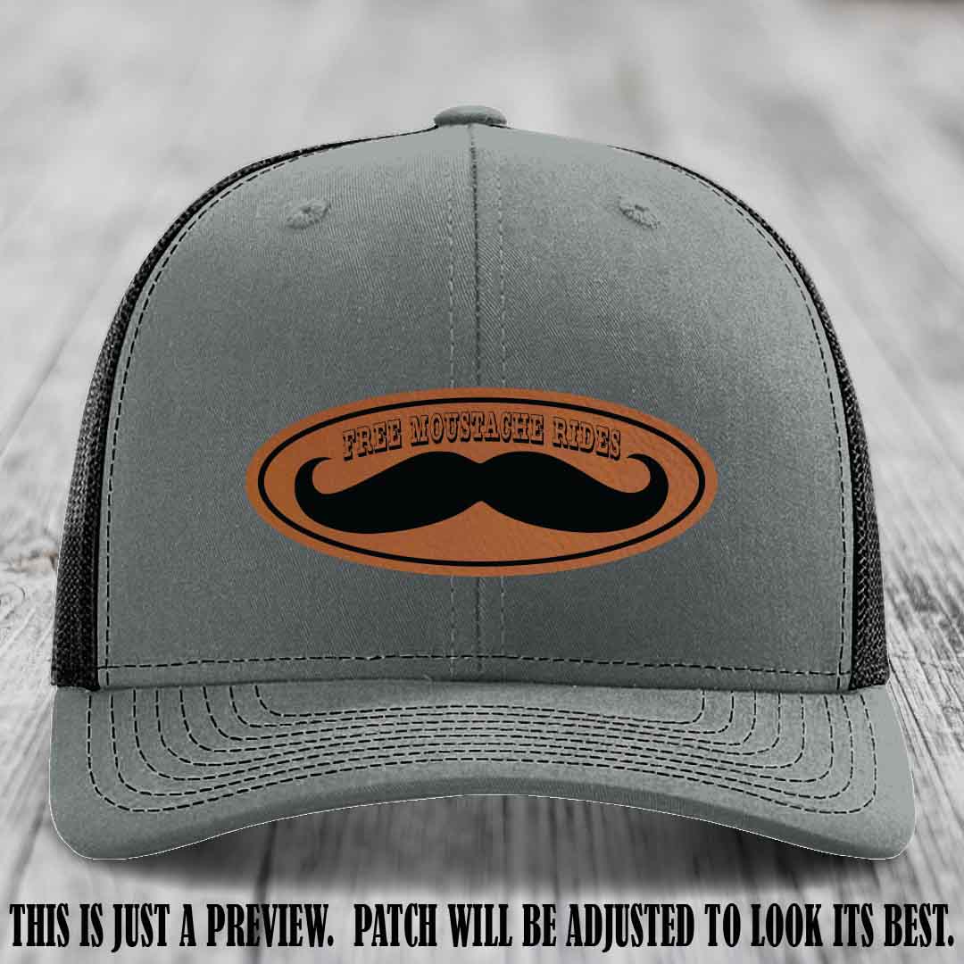 Free Moustache Rides 🥸 Leather Patch Hat | Richardson 112 Custom Trucker Rawhide to Black Patch on Heather Grey to Black Hat