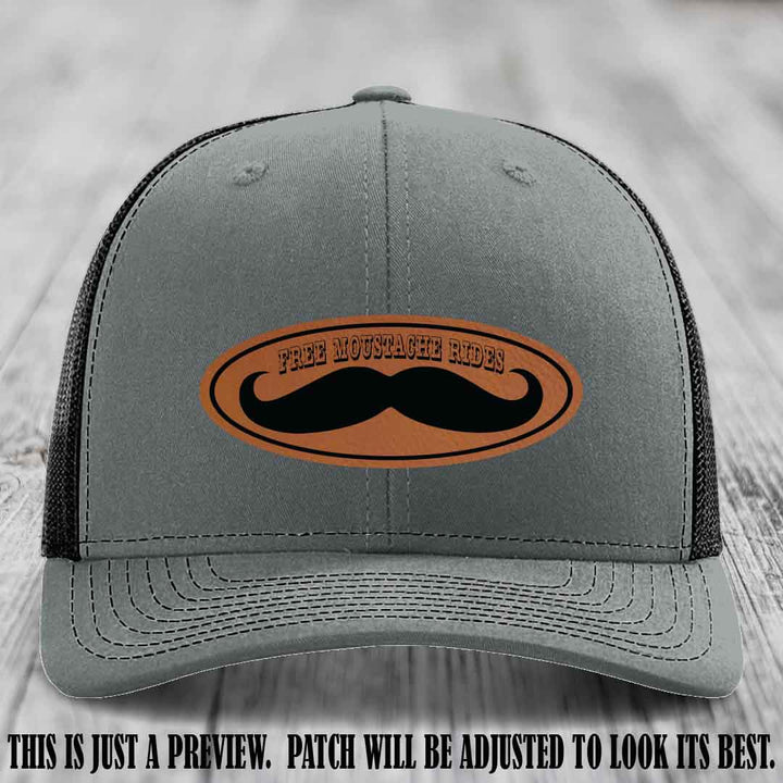 Free Moustache Rides 🥸 Leather Patch Hat | Richardson 112 Custom Trucker Rawhide to Black Patch on Heather Grey to Black Hat