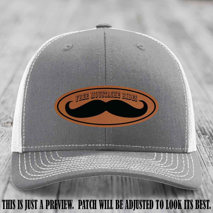 Free Moustache Rides 🥸 Leather Patch Hat | Richardson 112 Custom Trucker Rawhide to Black Patch on Heather Grey to White Hat