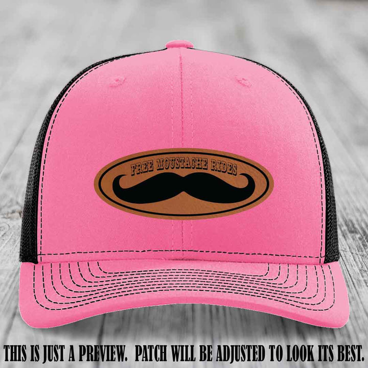 Free Moustache Rides 🥸 Leather Patch Hat | Richardson 112 Custom Trucker Rawhide to Black Patch on Hot Pink to Black Hat