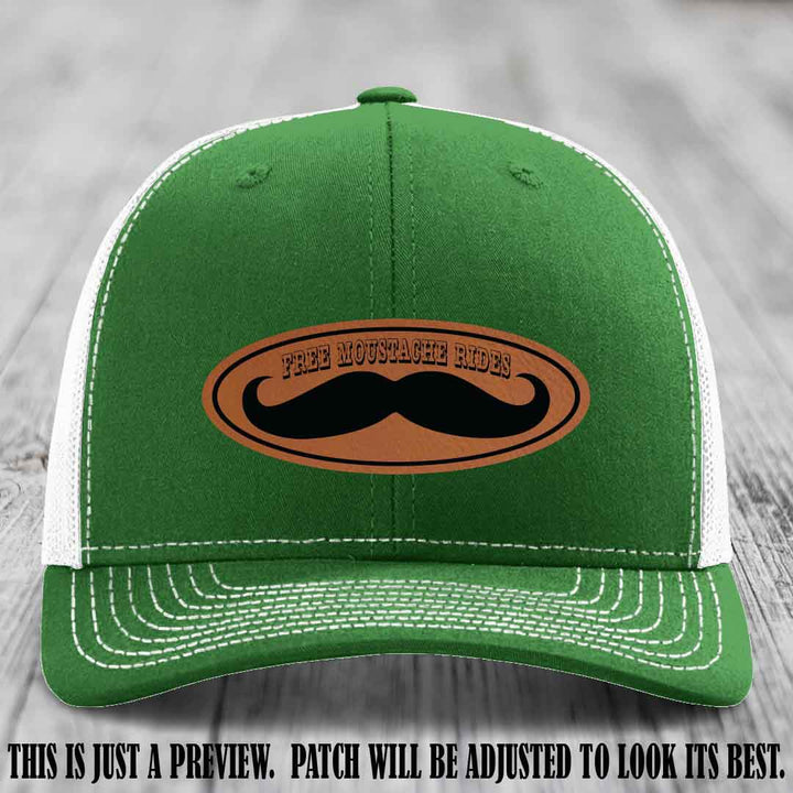 Free Moustache Rides 🥸 Leather Patch Hat | Richardson 112 Custom Trucker Rawhide to Black Patch on Kelly to White Hat