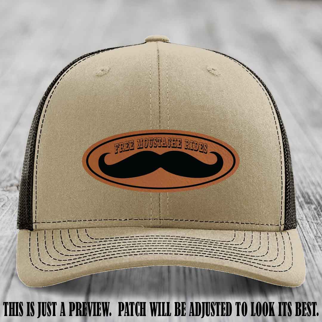 Free Moustache Rides 🥸 Leather Patch Hat | Richardson 112 Custom Trucker Rawhide to Black Patch on Khaki to Coffee Hat