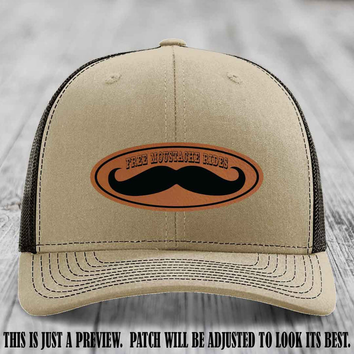 Free Moustache Rides 🥸 Leather Patch Hat | Richardson 112 Custom Trucker Rawhide to Black Patch on Khaki to Coffee Hat