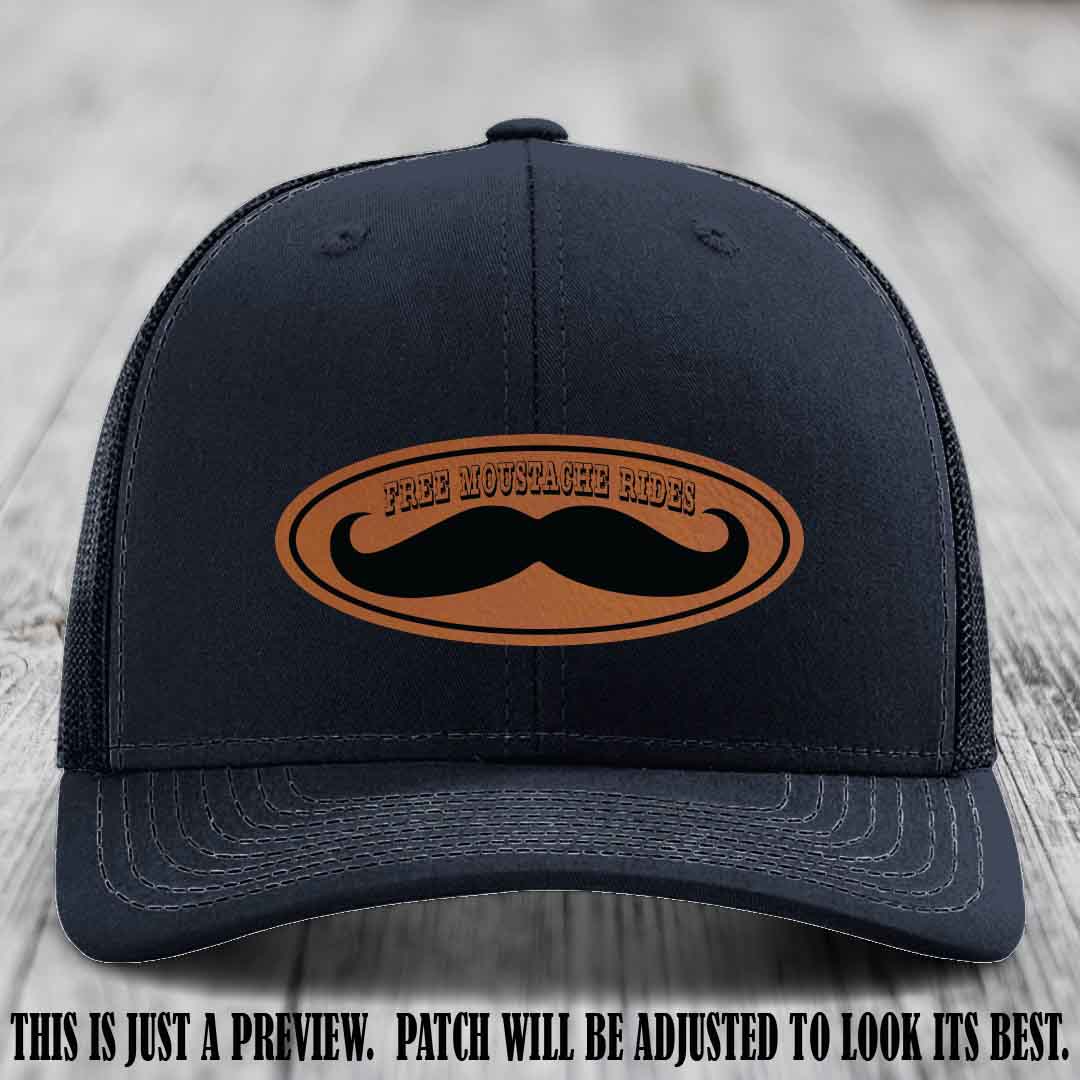 Free Moustache Rides 🥸 Leather Patch Hat | Richardson 112 Custom Trucker Rawhide to Black Patch on Navy Hat