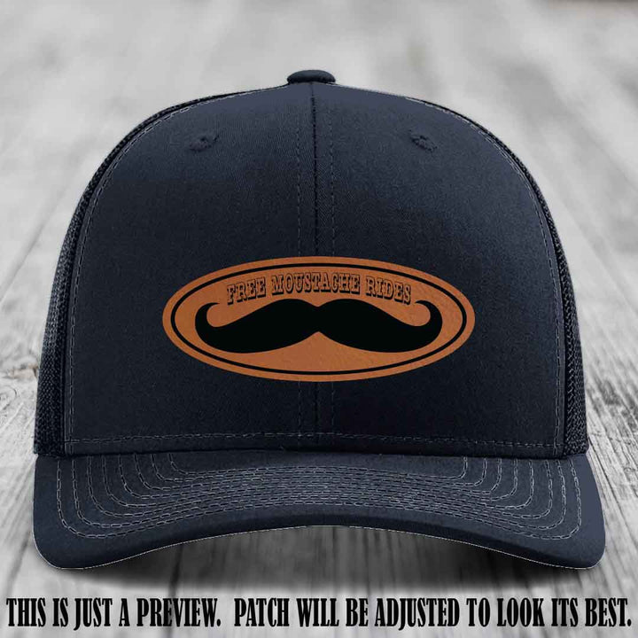 Free Moustache Rides 🥸 Leather Patch Hat | Richardson 112 Custom Trucker Rawhide to Black Patch on Navy Hat