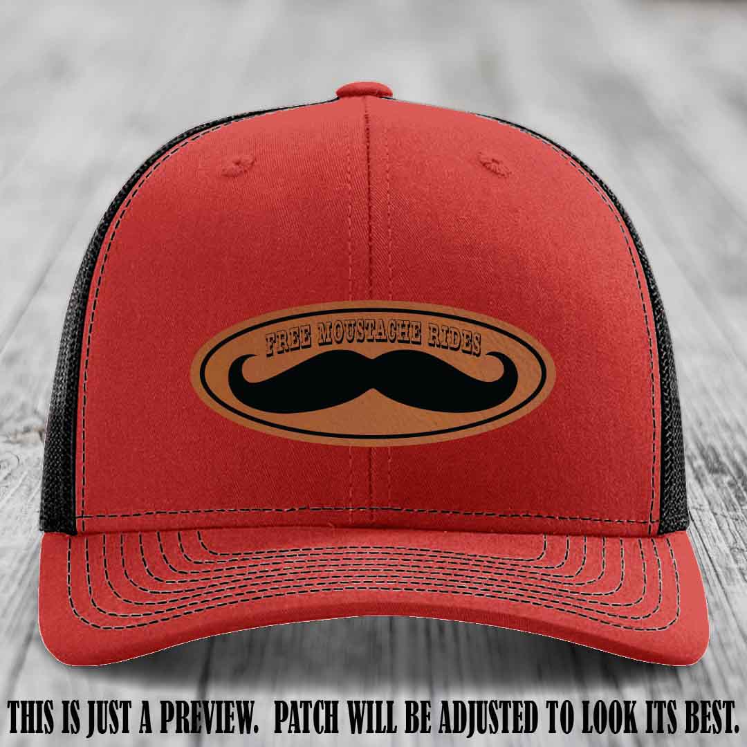 Free Moustache Rides 🥸 Leather Patch Hat | Richardson 112 Custom Trucker Rawhide to Black Patch on Red to Black Hat