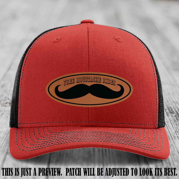 Free Moustache Rides 🥸 Leather Patch Hat | Richardson 112 Custom Trucker Rawhide to Black Patch on Red to Black Hat