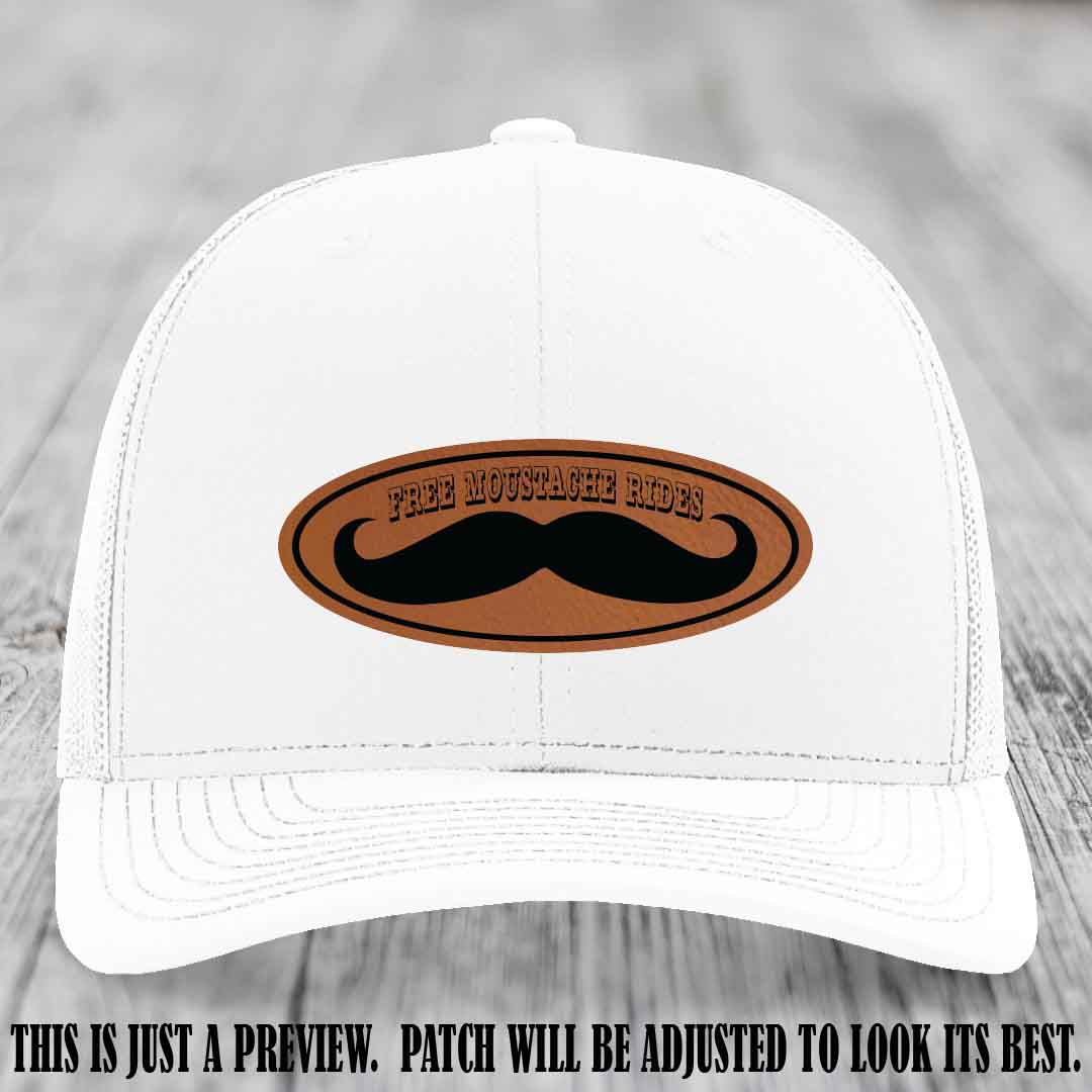 Free Moustache Rides 🥸 Leather Patch Hat | Richardson 112 Custom Trucker Rawhide to Black Patch on White Hat