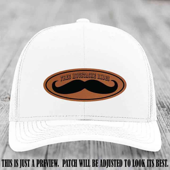 Free Moustache Rides 🥸 Leather Patch Hat | Richardson 112 Custom Trucker Rawhide to Black Patch on White Hat