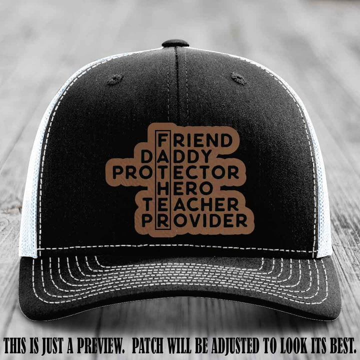 Father Figure 🤠 Leather Patch Hat with Dark Brown to Black patch on Black to White Hat