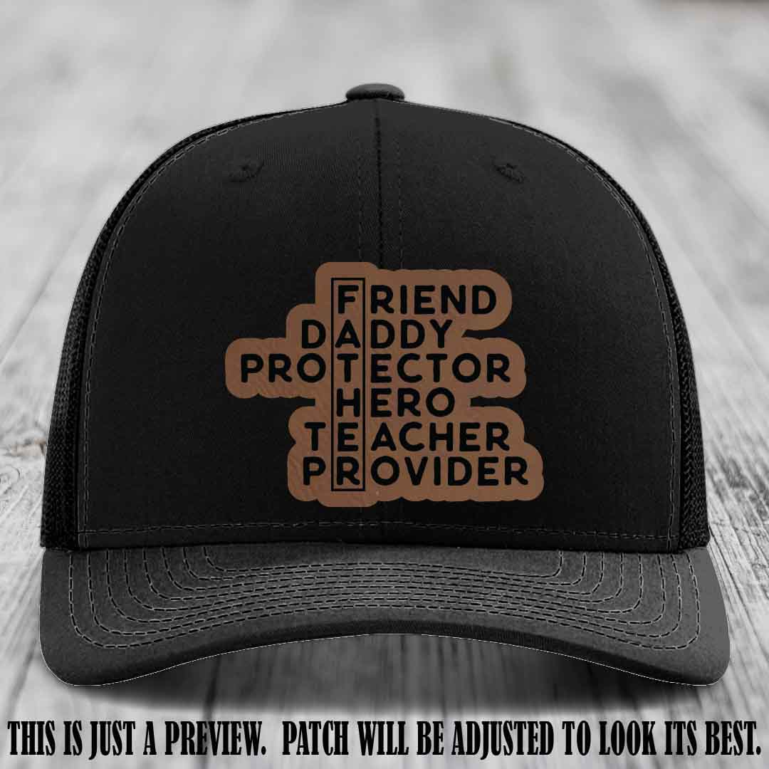 Father Figure 🤠 Leather Patch Hat with Dark Brown to Black patch on Black Hat